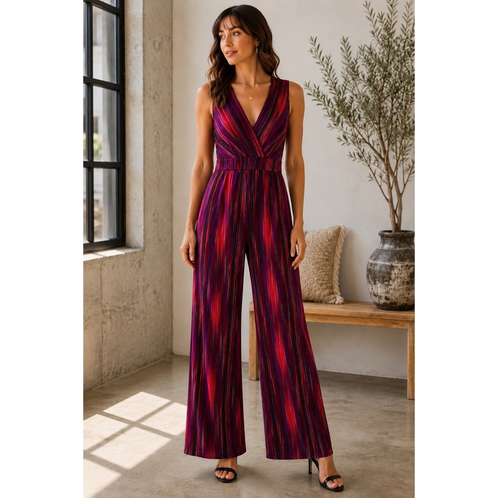 BCBGeneration Womans 8 Jumpsuit Stripes Sleeveless Wid Leg Stretch Knit V Neck